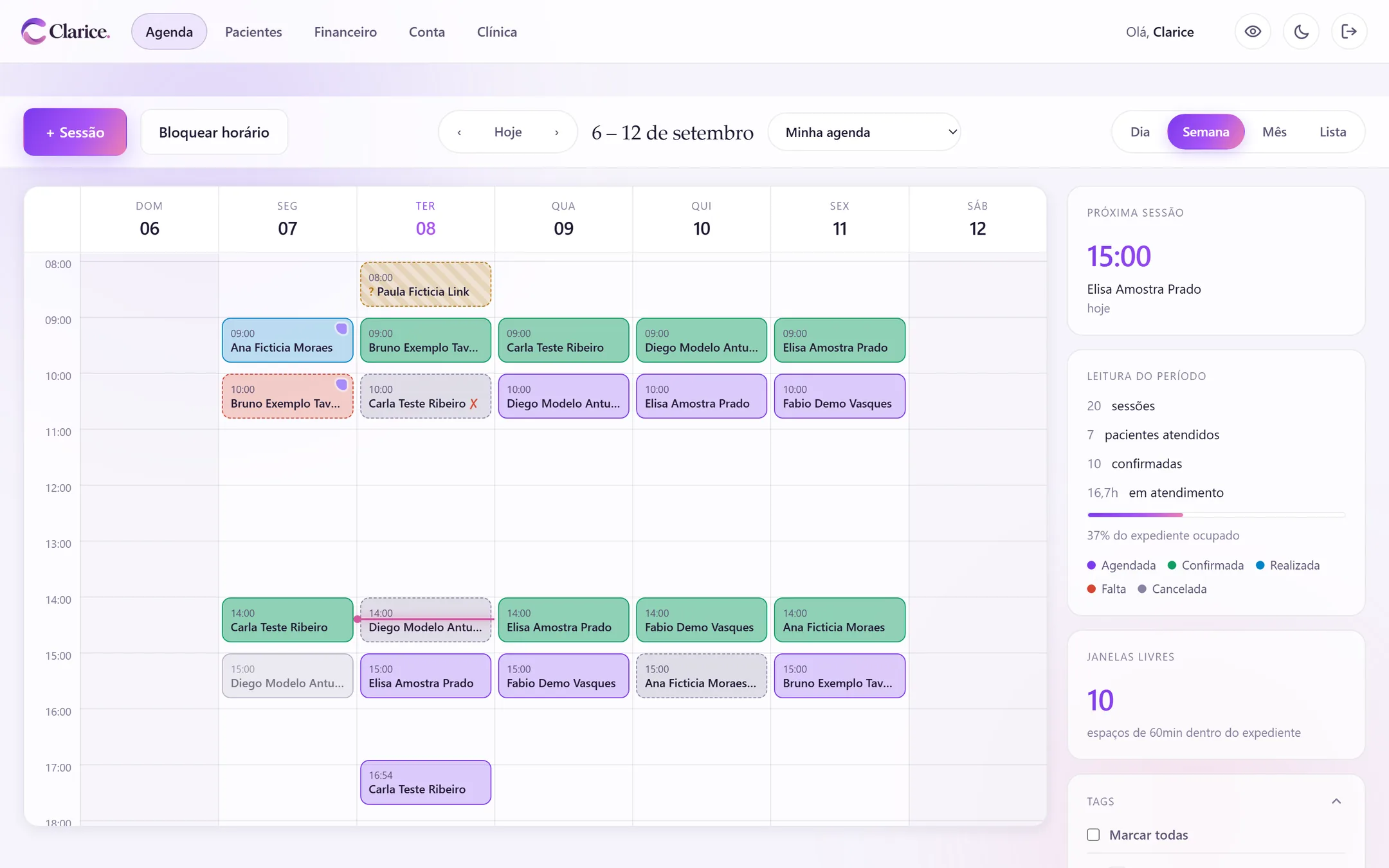 Agenda da semana na Clarice, com sessões coloridas por situação e o resumo do período.